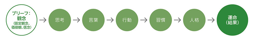 ブリーフ（観念：固定観念、価値観、信念）から始まり、思考、言葉、行動、習慣、人格を経て、運命（結果）につながる流れを示す図。